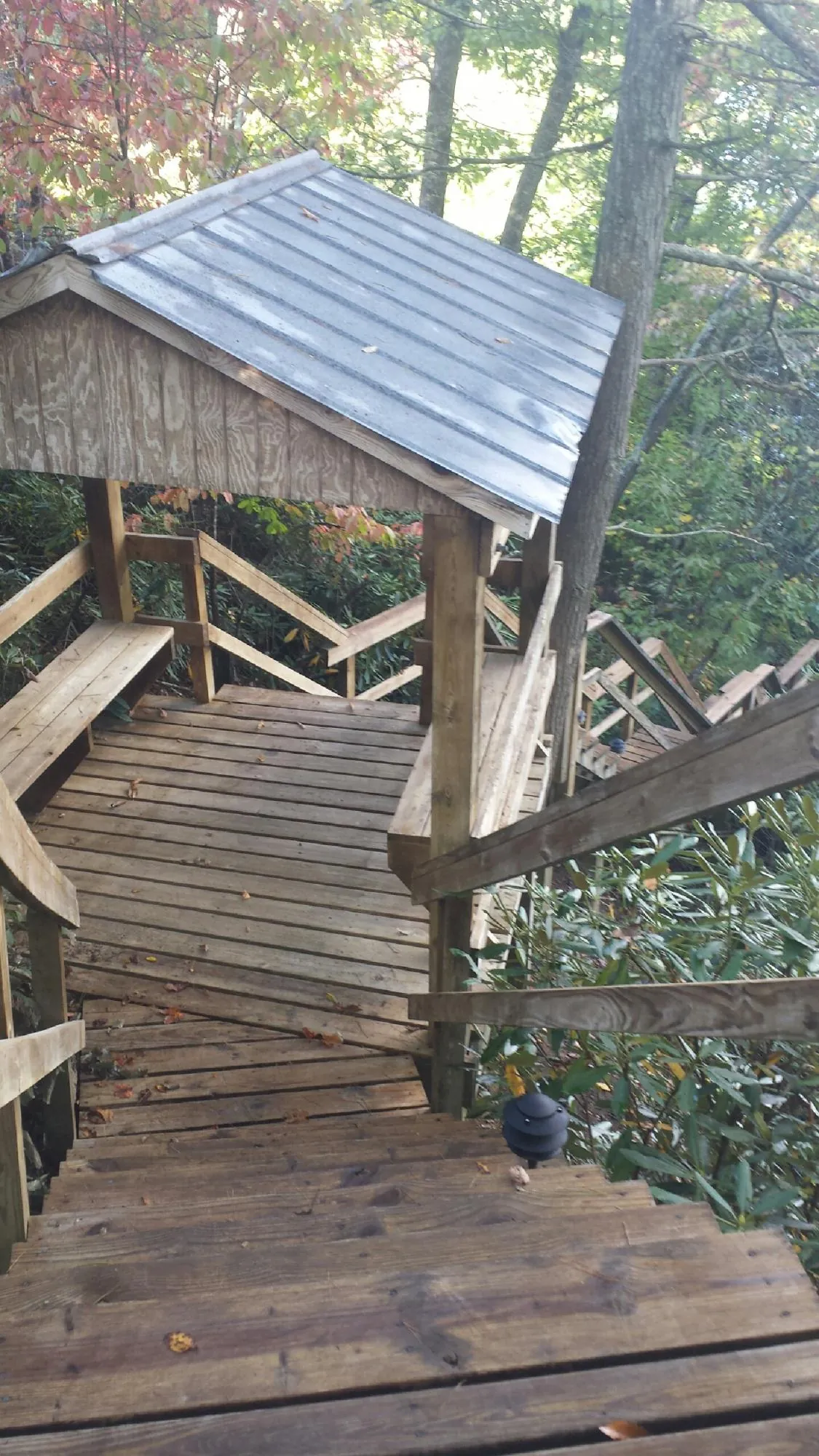 Metal roofed shelter over wooden steps on a wooded walkway — Skylight Repair & Installation work by our crew in Laverne